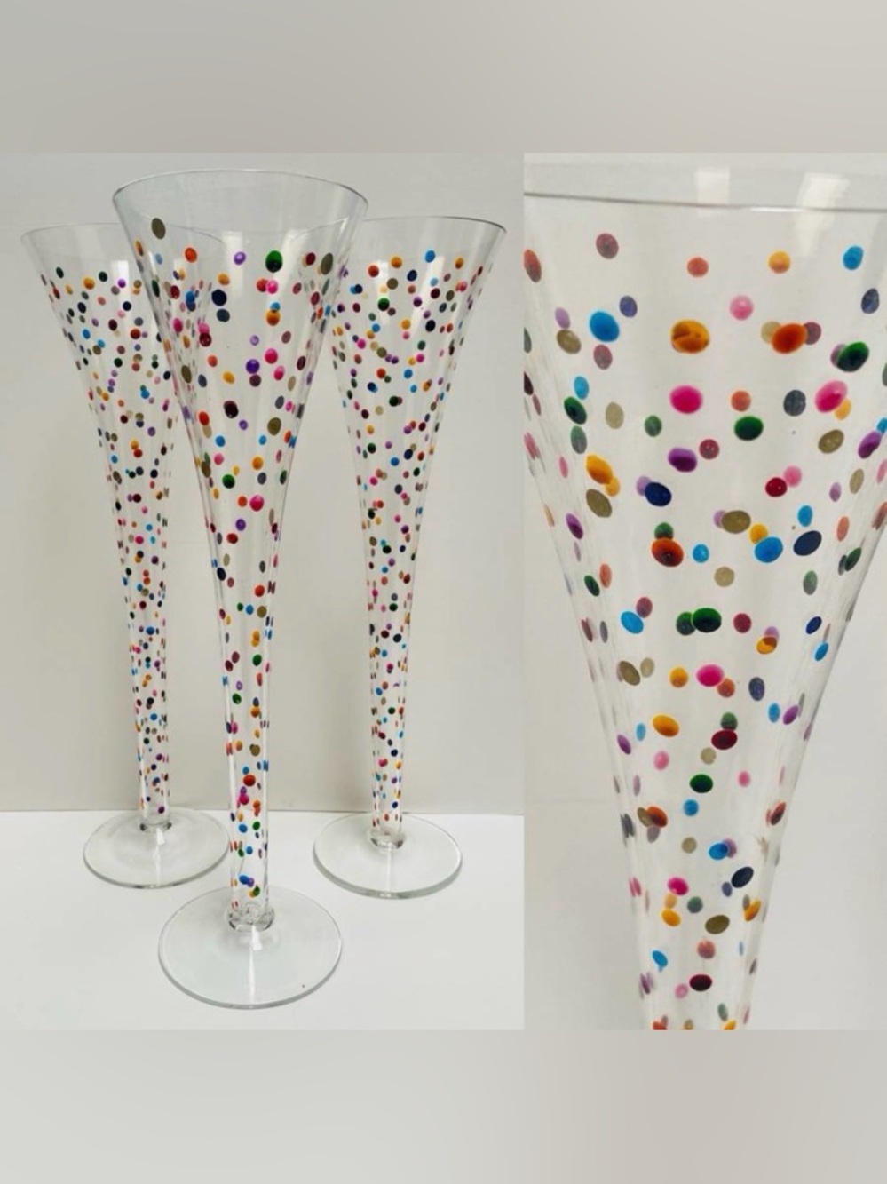 Set of 3 Confetti Polka Dot Champagne Flutes, Tall Colorful Hand Painted Glasses